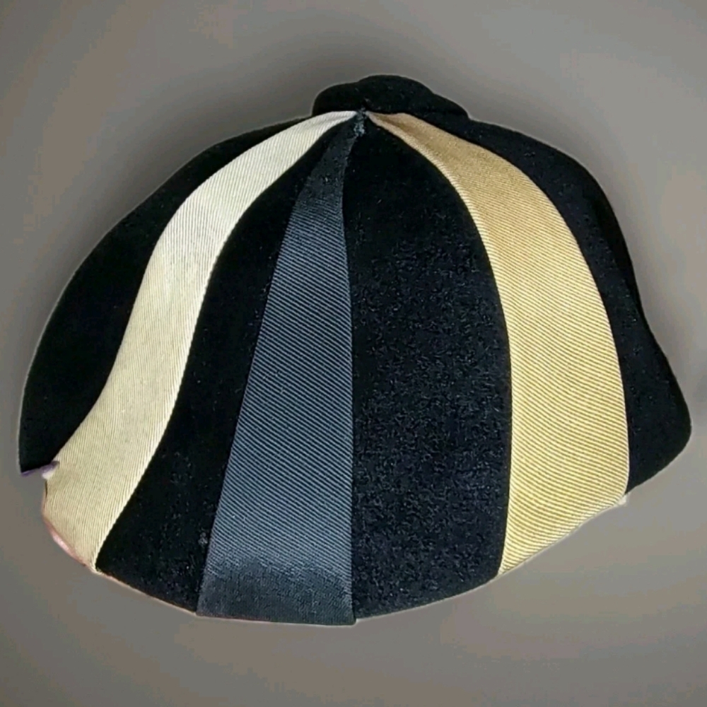 Sandra NY Velvety Cloche Riders Helmet Cover? Wide Ribbon Sz.22 Yellow/Grey/Blk